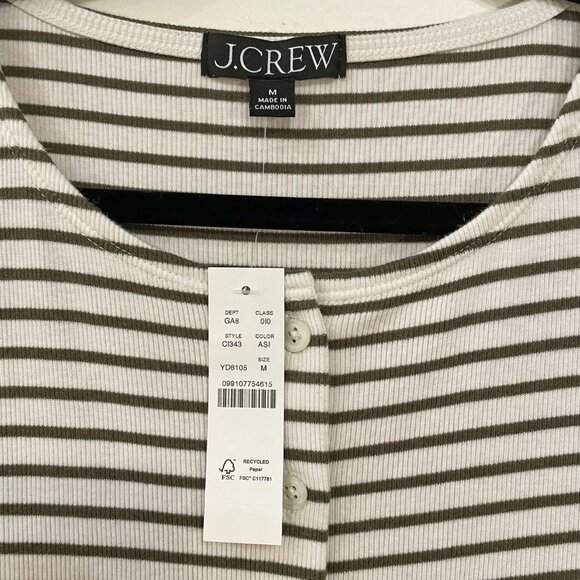 New J.Crew Cotton Modal Striped Ribbed Cardigan Olive White Medium - Picture 5 of 7